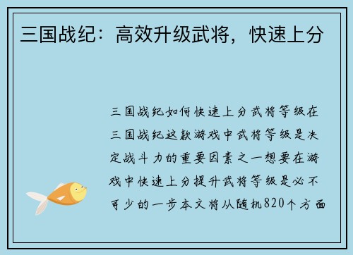 三国战纪：高效升级武将，快速上分